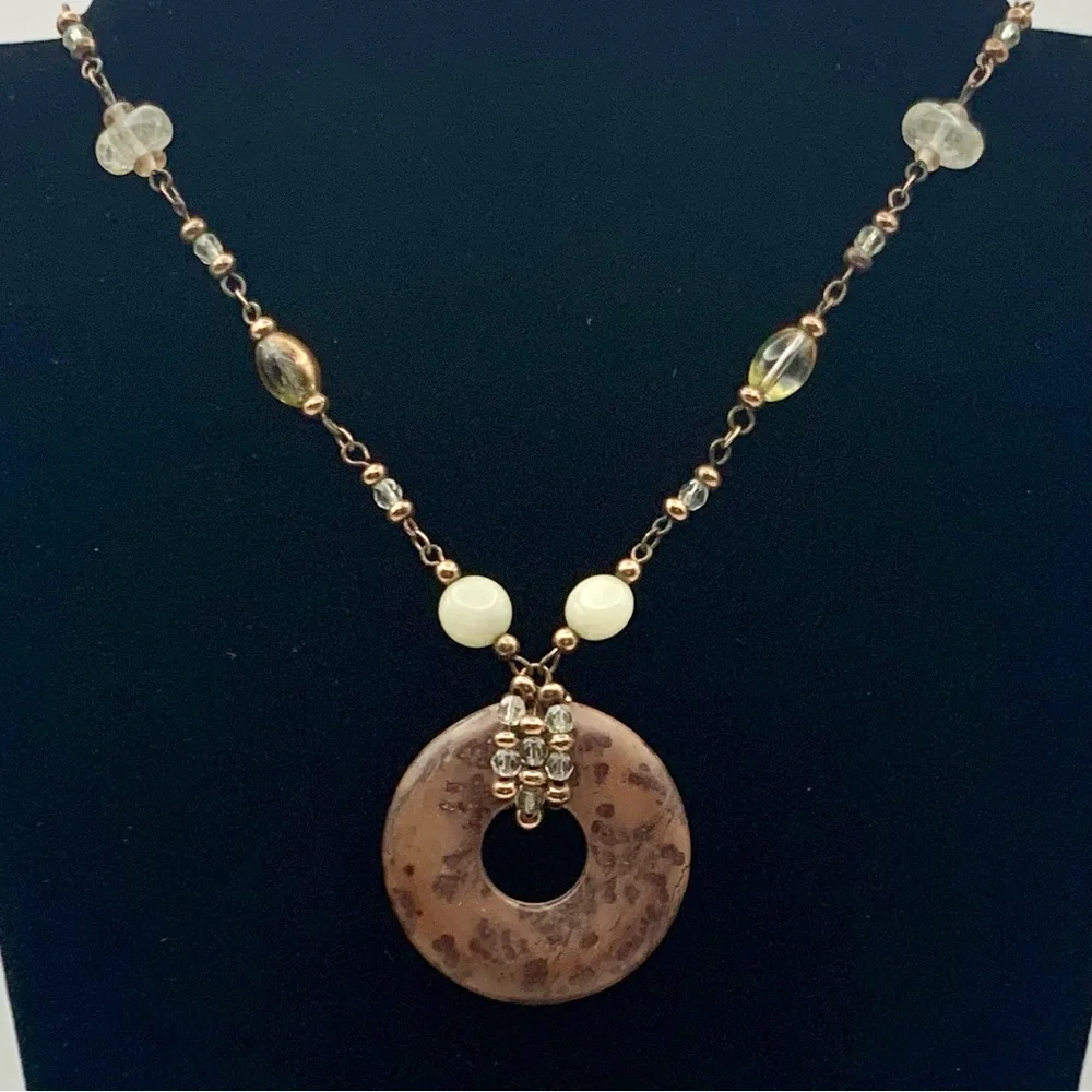 Lia Sophia Polished Mahogany Obsidian Stone Necklace, Quartz, & Rose Gold Beads